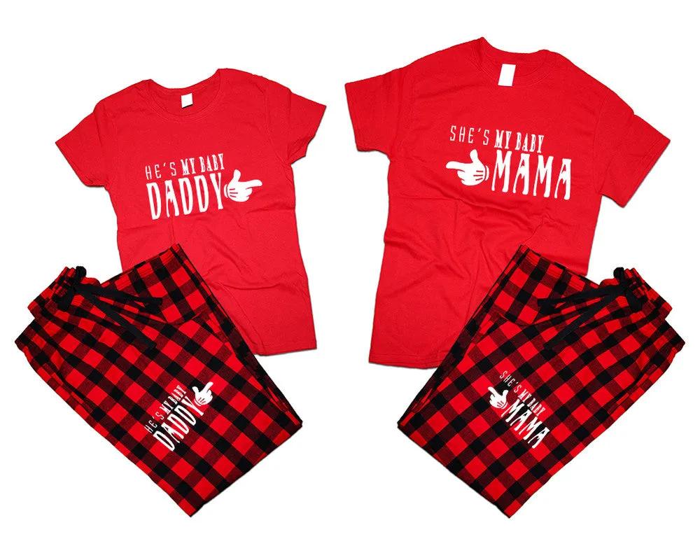 She's My Baby Mama & He's My Baby Daddy Matching Pajamas Set – Cotton T-Shirts & Flannel Pants | Sold Separately for Men & Women