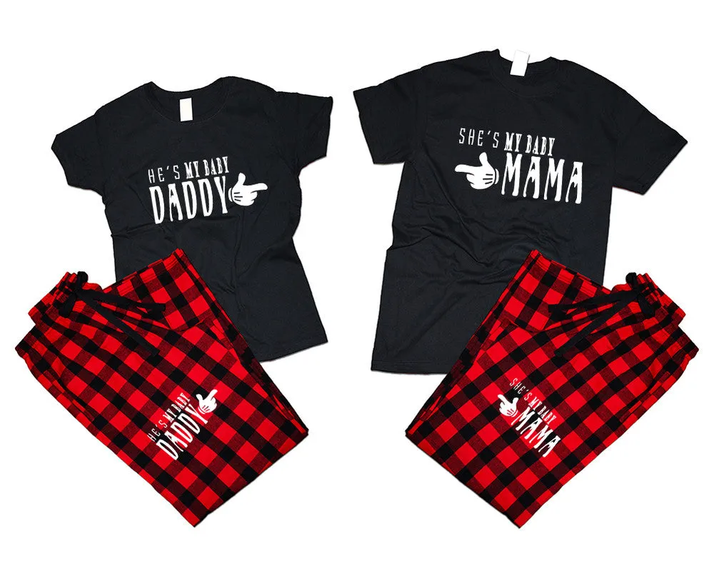 She's My Baby Mama & He's My Baby Daddy Matching Pajamas Set – Cotton T-Shirts & Flannel Pants | Sold Separately for Men & Women