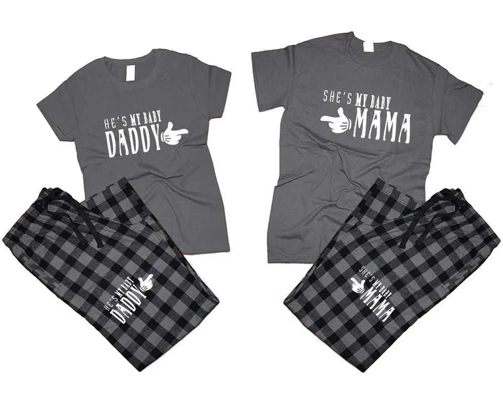 She's My Baby Mama & He's My Baby Daddy Matching Pajamas Set – Cotton T-Shirts & Flannel Pants | Sold Separately for Men & Women