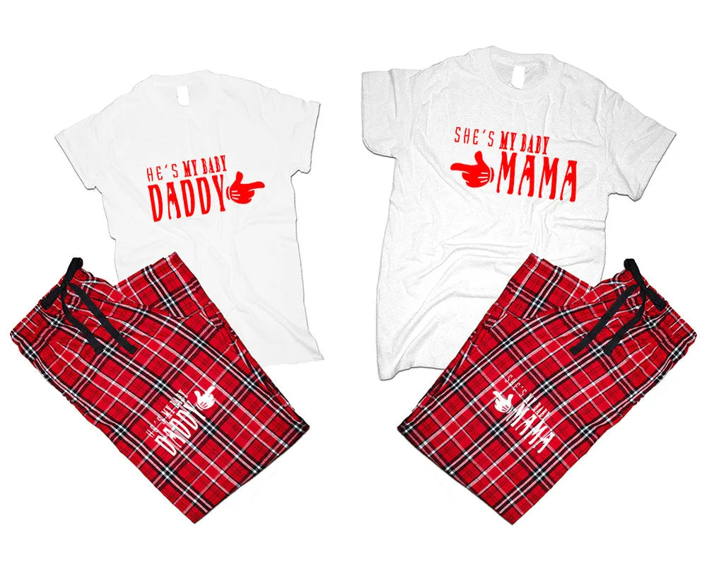 She's My Baby Mama & He's My Baby Daddy Matching Pajamas Set – Cotton T-Shirts & Flannel Pants | Sold Separately for Men & Women