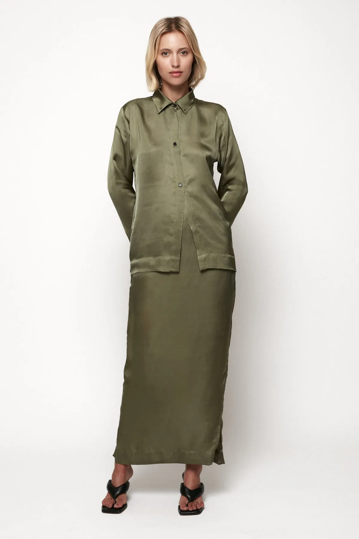 Slim Button Down Shirt | Midi Split Skirt