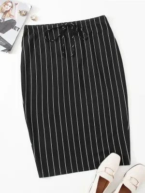 Striped Knot Knee Length Plus Size Skirt