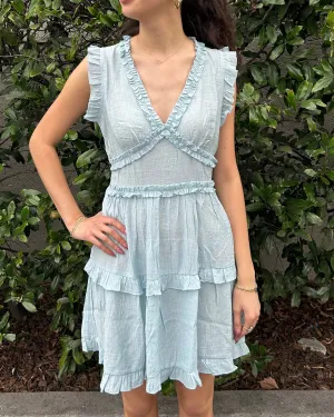 V-Neck Ruffle Mini Dress - Pastel Blue