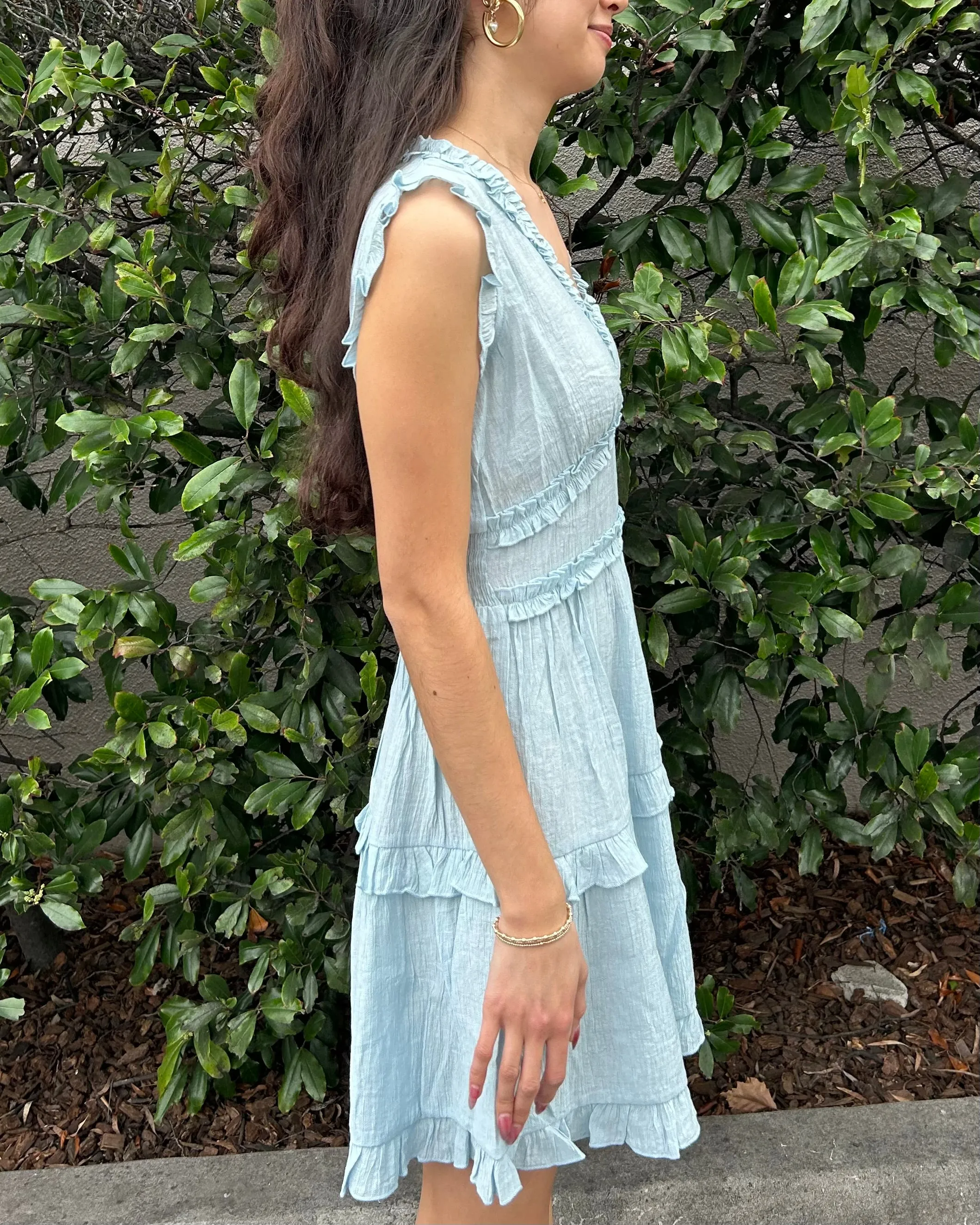 V-Neck Ruffle Mini Dress - Pastel Blue