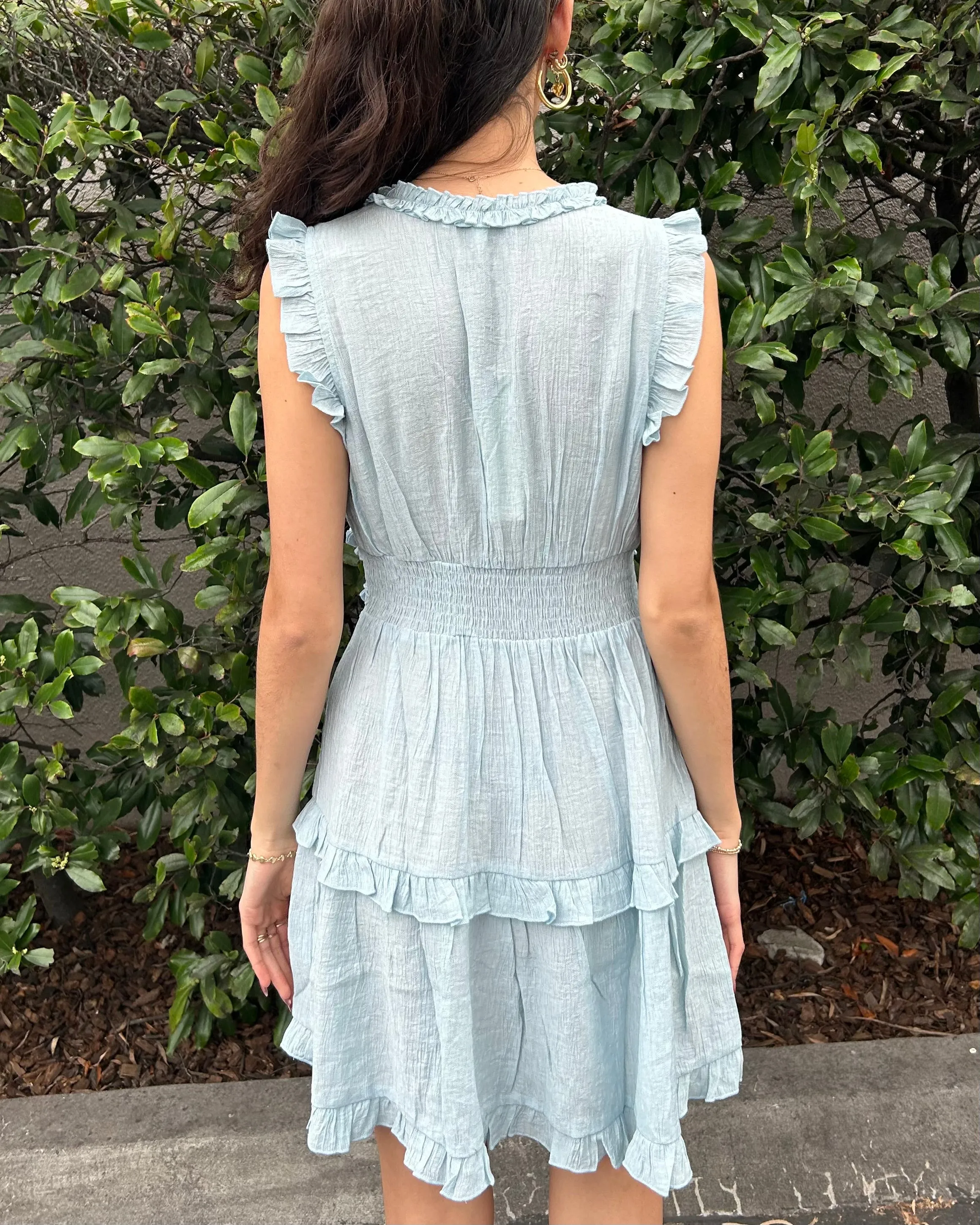 V-Neck Ruffle Mini Dress - Pastel Blue