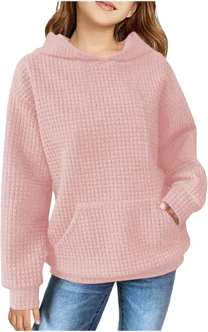 Waffle Knit Hoodies For Girls Cute Long Sleeve Hooded Pullovers Oversized Sweaters With Pocket Preppy Cloth 4-11 Years