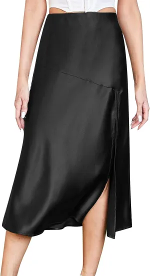 Women Casual Glossy Satin Maxi Skirt High Waist Side Split Below Knee Long Skirt Casual Solid Color Skirts