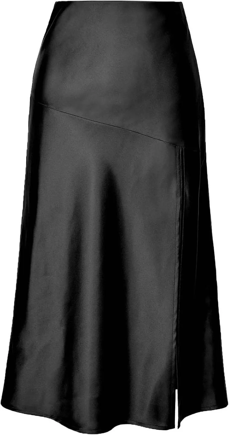 Women Casual Glossy Satin Maxi Skirt High Waist Side Split Below Knee Long Skirt Casual Solid Color Skirts