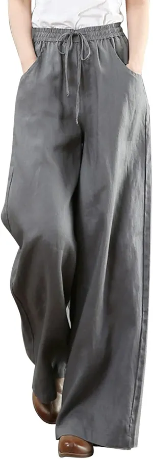 Women Summer Pants Elastic High Waisted Palazzo Trousers Linen Cotton Drawstring Casual Loose Wide Leg Pant with Pockets