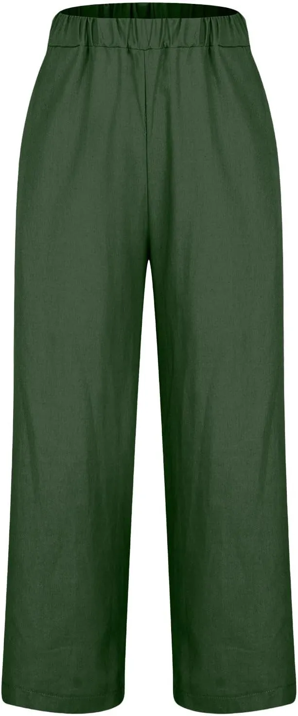 Women's Cropped Linen Pants Summer Elastic Waist Straight Leg Plus Size Crop Pant Casual Beach Trousers with Pocket