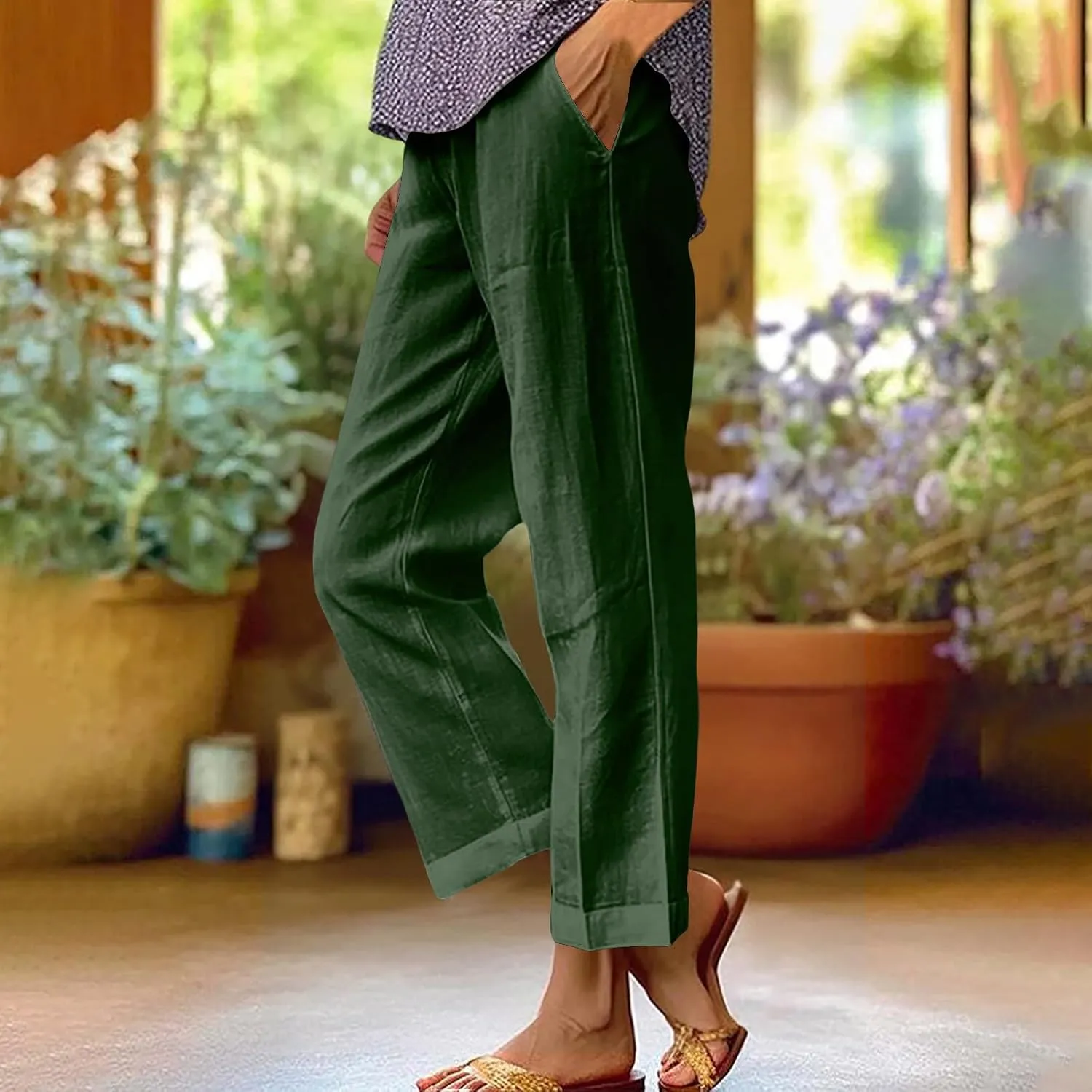 Women's Cropped Linen Pants Summer Elastic Waist Straight Leg Plus Size Crop Pant Casual Beach Trousers with Pocket