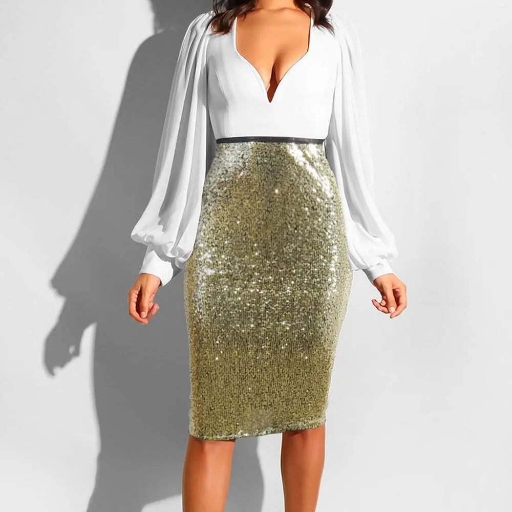 Women's Fashion Slim Fit High Waist Sparkly Sequins Midi Skirts Pencil Stretchy Bodycon Glitter Cocktail Party Skirt
