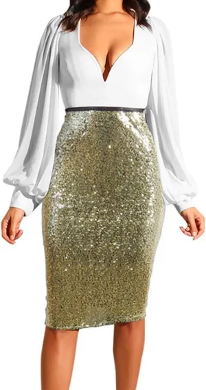 Women's Fashion Slim Fit High Waist Sparkly Sequins Midi Skirts Pencil Stretchy Bodycon Glitter Cocktail Party Skirt