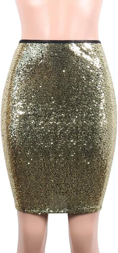 Women's Fashion Slim Fit High Waist Sparkly Sequins Midi Skirts Pencil Stretchy Bodycon Glitter Cocktail Party Skirt