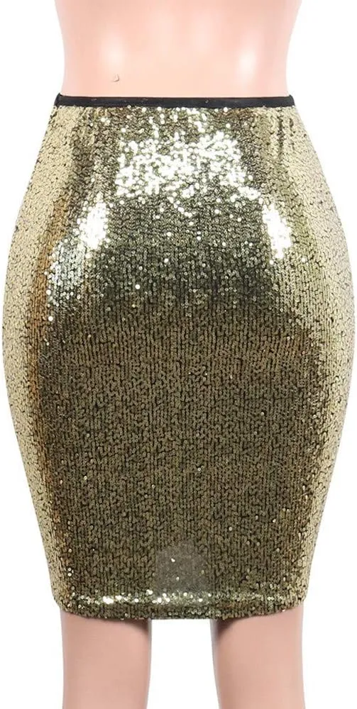 Women's Fashion Slim Fit High Waist Sparkly Sequins Midi Skirts Pencil Stretchy Bodycon Glitter Cocktail Party Skirt