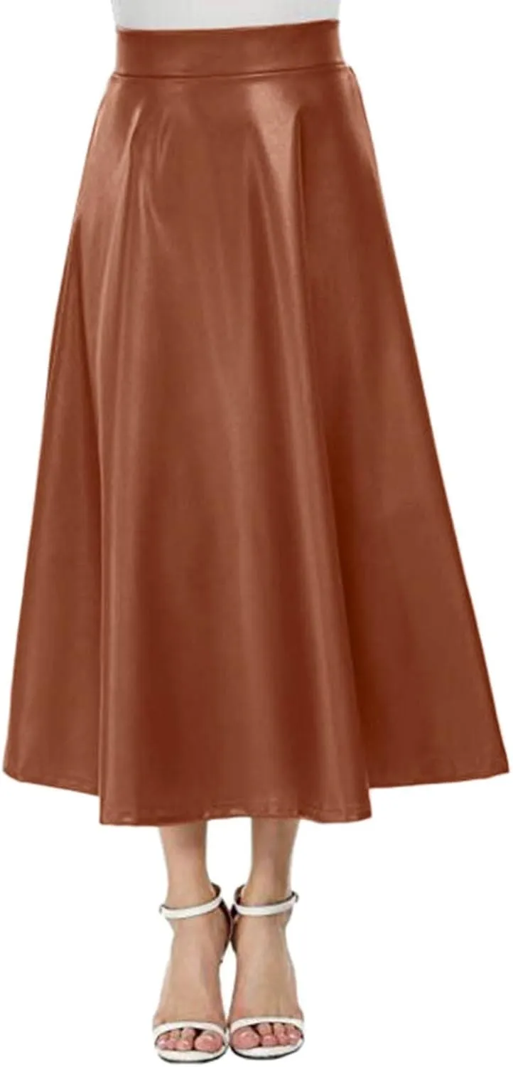 Womens Faux Leather Maxi Skirts Fashion Solid Versatile Zip Back Ruched Midi Skirt Soft Comfy A Line Skirt 2025 Skirt
