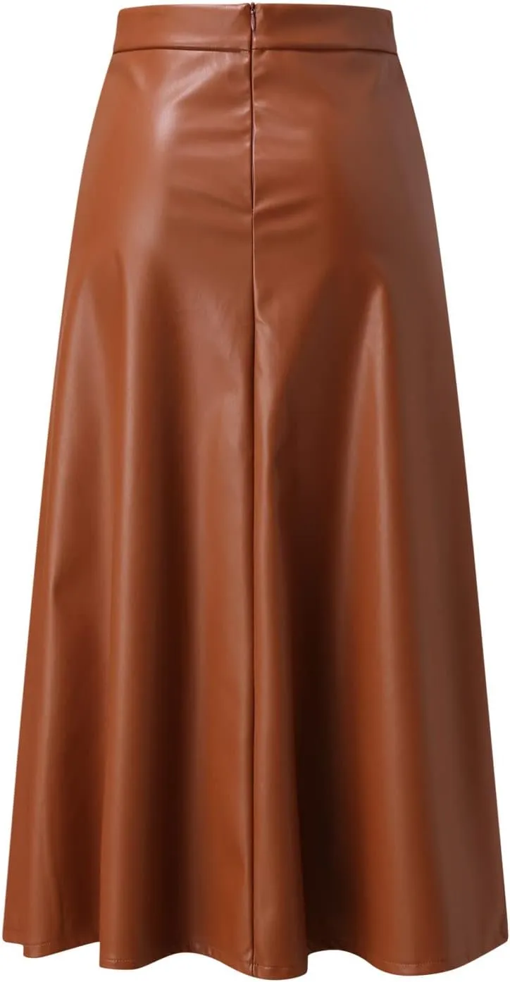 Womens Faux Leather Maxi Skirts Fashion Solid Versatile Zip Back Ruched Midi Skirt Soft Comfy A Line Skirt 2025 Skirt