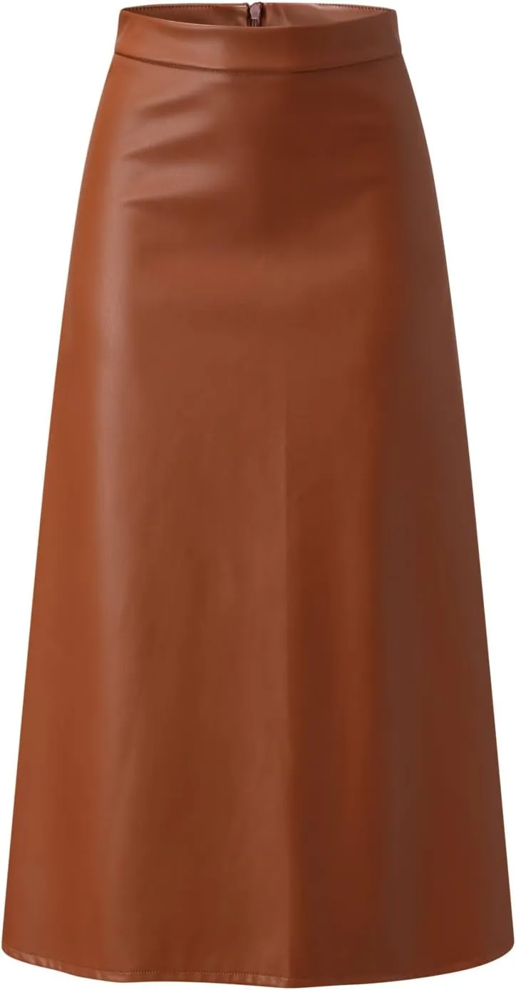 Womens Faux Leather Maxi Skirts Fashion Solid Versatile Zip Back Ruched Midi Skirt Soft Comfy A Line Skirt 2025 Skirt