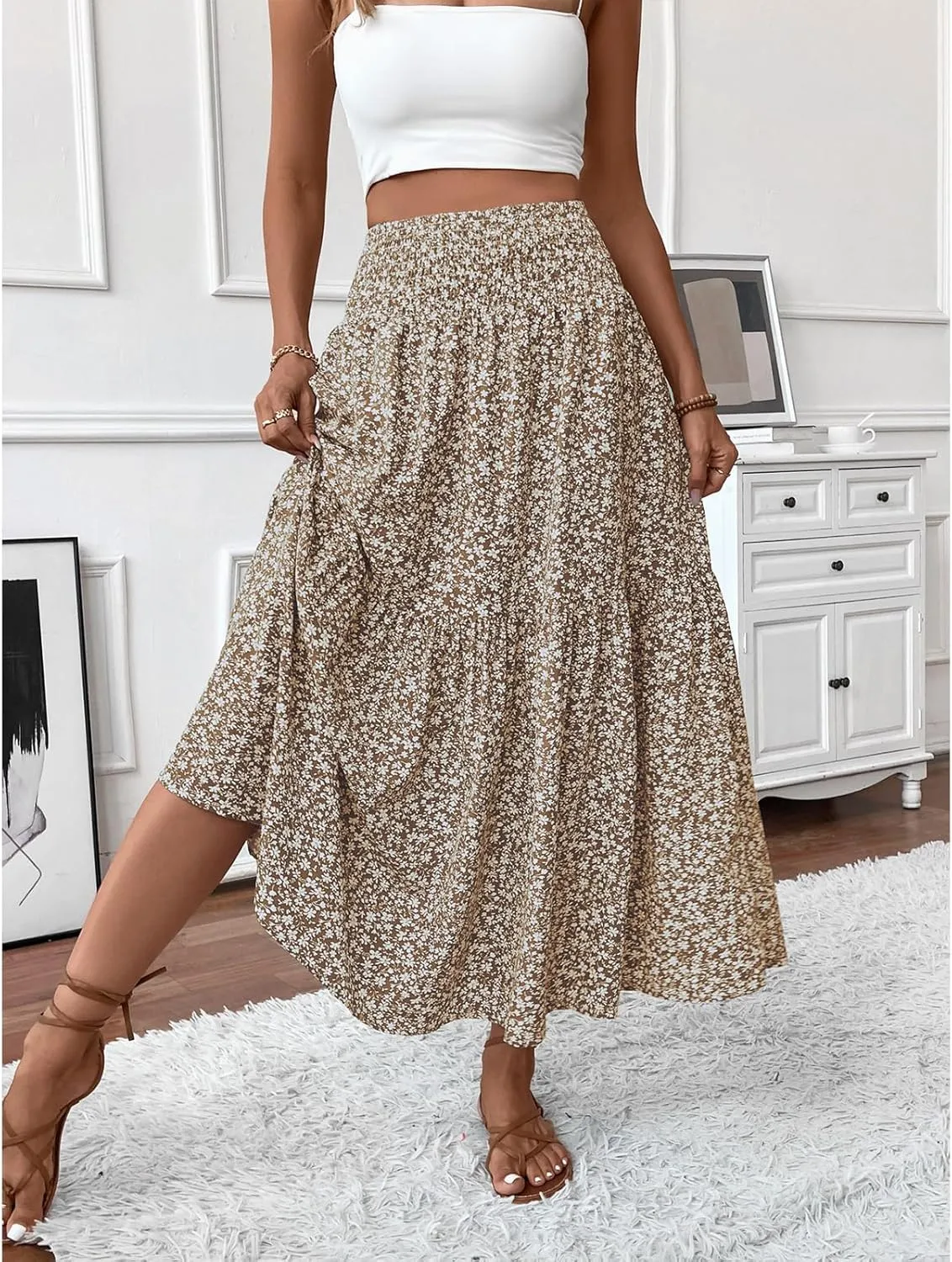 Women's Floral Maxi Skirts Summer Print Elastic High Waisted Ruffle Hem Skorts Casual Flowy Boho Long Beach Skirts