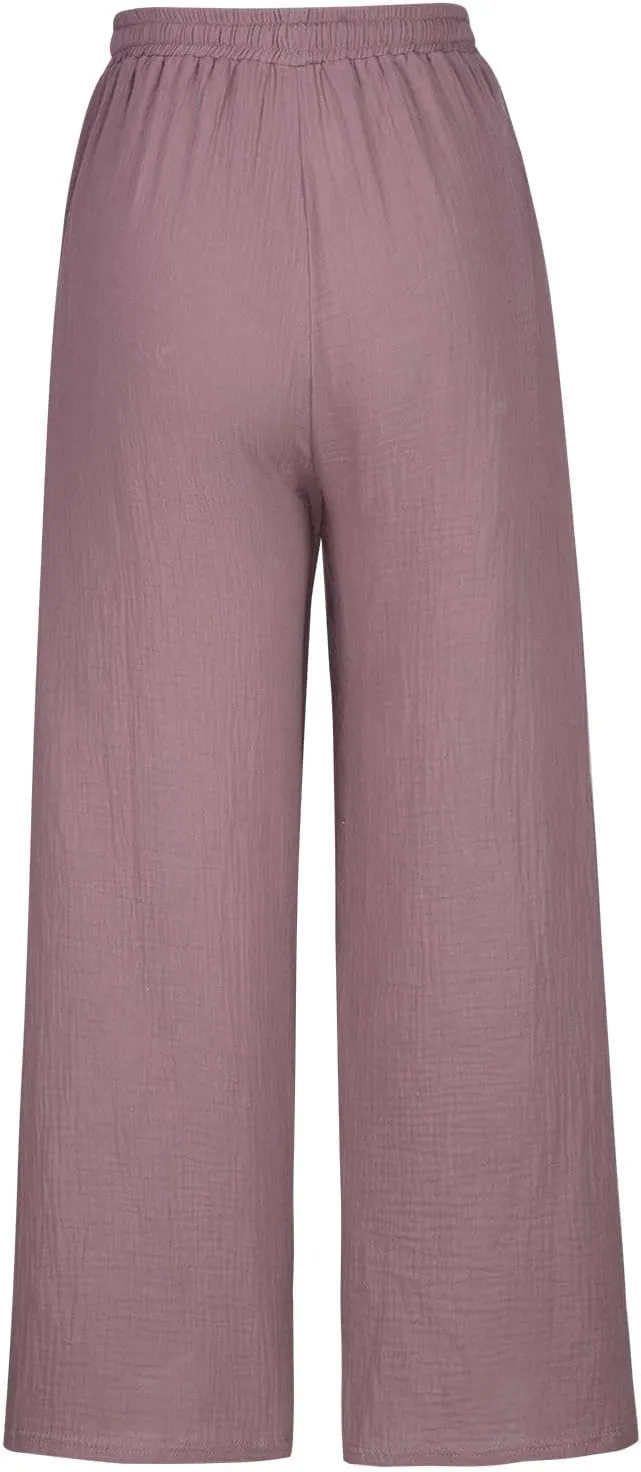 Women's Linen Pants Tall Summer Flowy Leg High Waisted Trousers 2025 Breathable Comfort Fit Yoga Pants