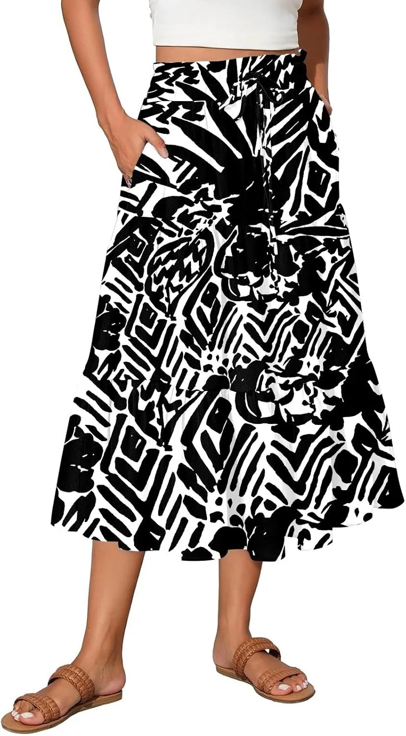 Women's Midi Skirts High Waist A-Line Tiered Flowy Swing Skirt Boho Floral Printed Cocktail Party Flared Skirts