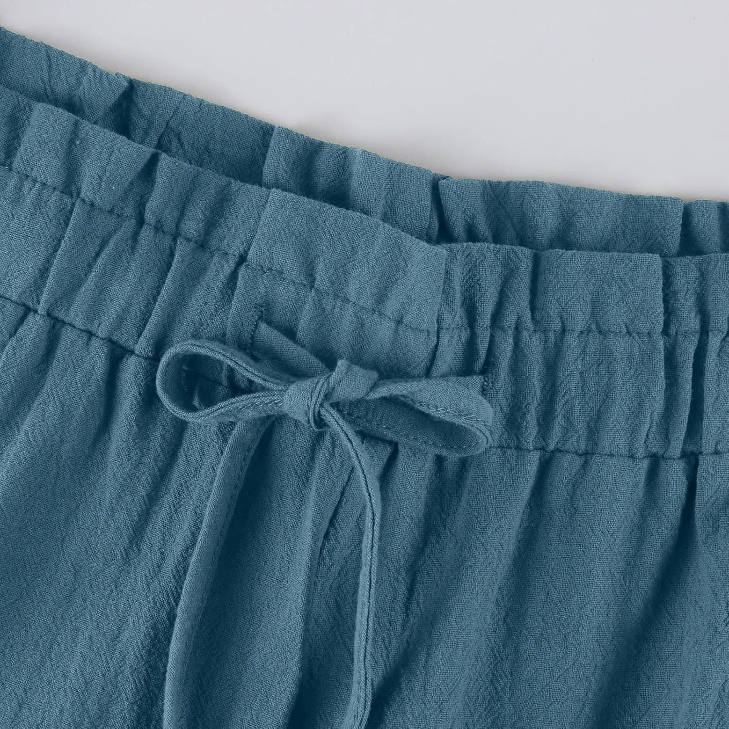 Womens Pants Ruffle Waist Cotton Linen Wide Leg Pants Drawstring Loose Fit Pant with Pocket Summer Beach Trousers