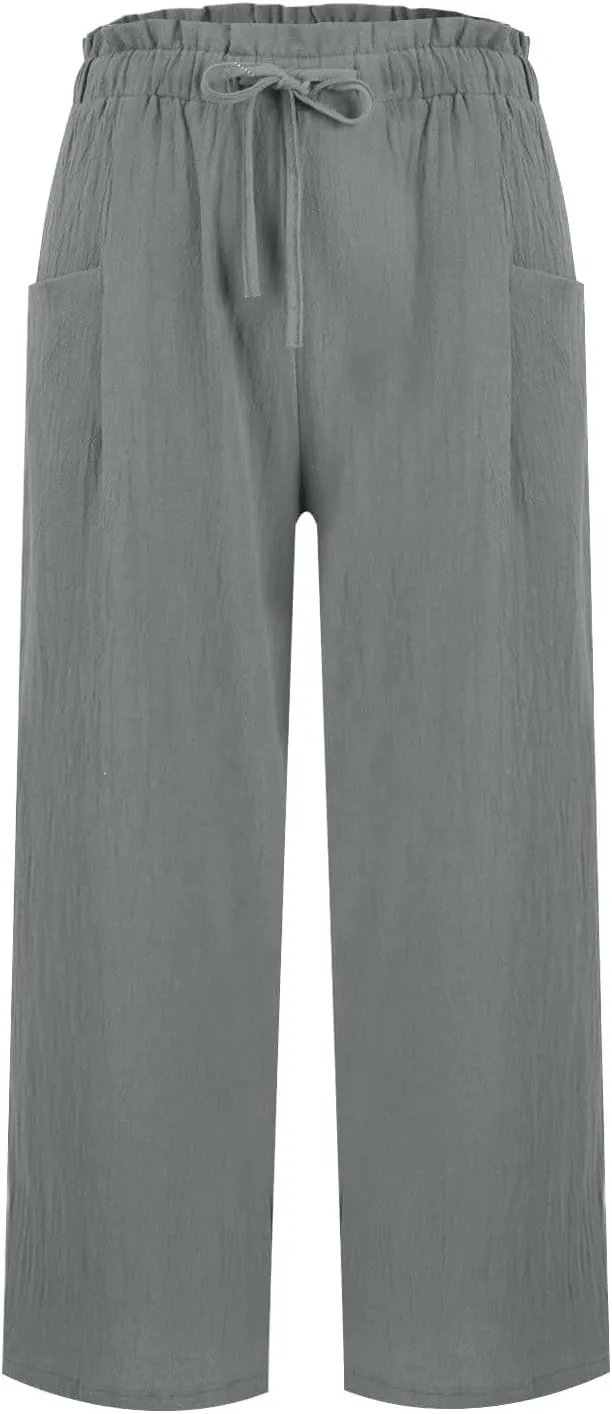 Womens Pants Ruffle Waist Cotton Linen Wide Leg Pants Drawstring Loose Fit Pant with Pocket Summer Beach Trousers