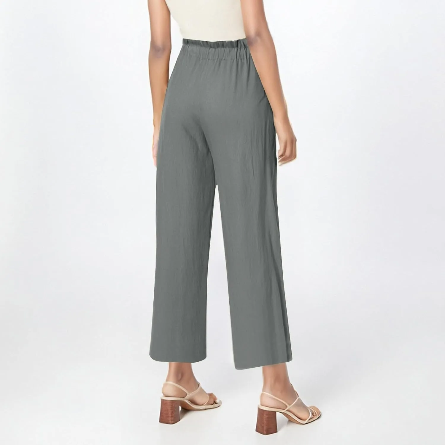 Womens Pants Ruffle Waist Cotton Linen Wide Leg Pants Drawstring Loose Fit Pant with Pocket Summer Beach Trousers