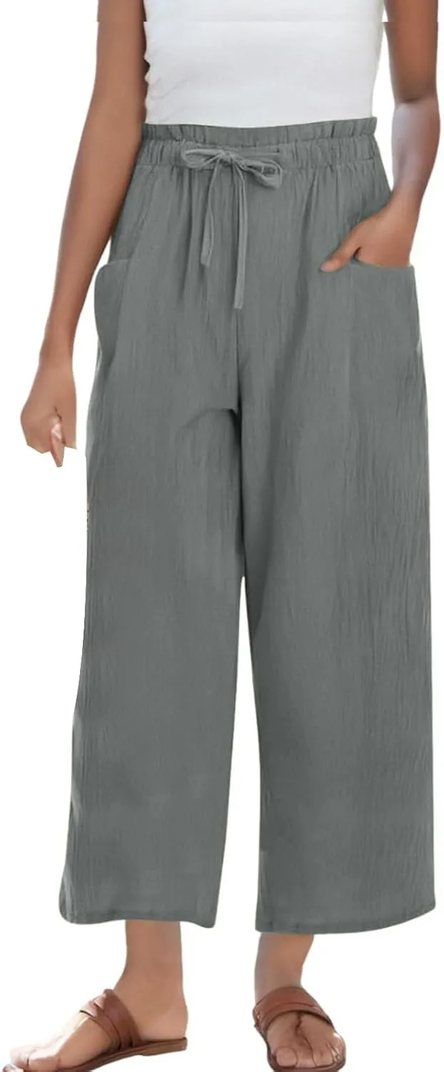 Womens Pants Ruffle Waist Cotton Linen Wide Leg Pants Drawstring Loose Fit Pant with Pocket Summer Beach Trousers