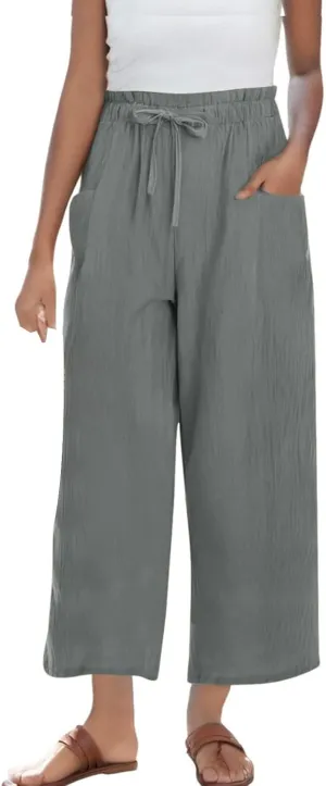 Womens Pants Ruffle Waist Cotton Linen Wide Leg Pants Drawstring Loose Fit Pant with Pocket Summer Beach Trousers