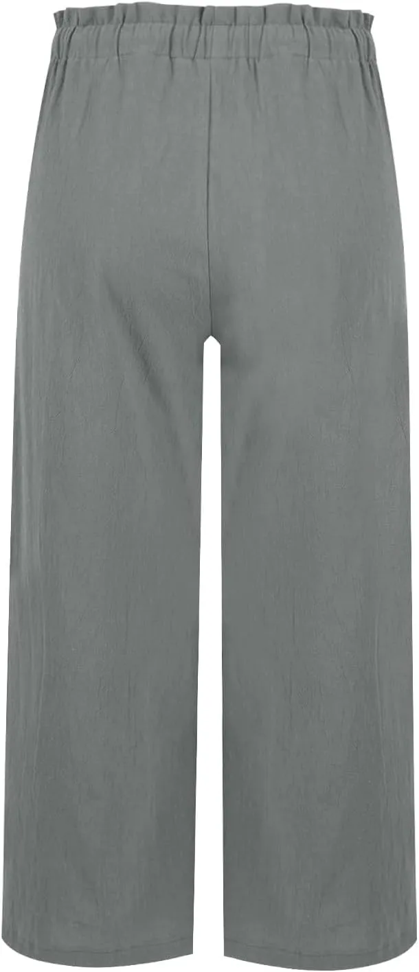 Womens Pants Ruffle Waist Cotton Linen Wide Leg Pants Drawstring Loose Fit Pant with Pocket Summer Beach Trousers