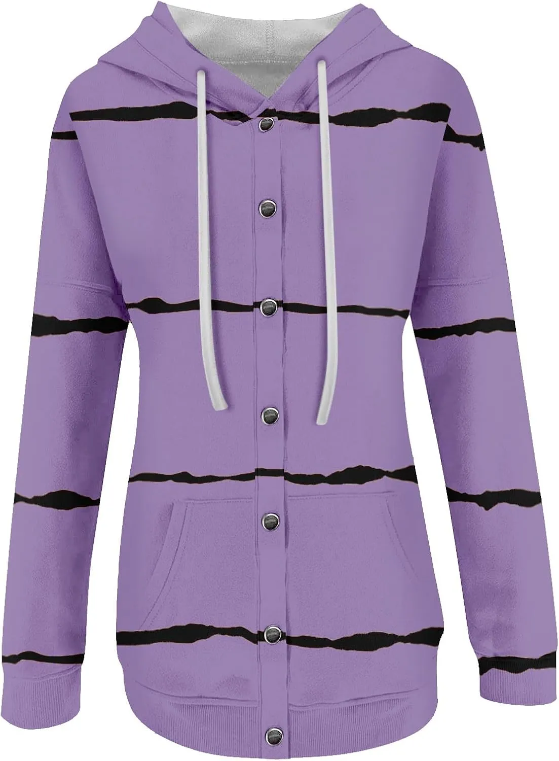 Womens Striped Casual Sweatshirt Oversized Drawstring Casual V Neck Button Up Hoodies Fall Long Sleeve Hooded Jackets
