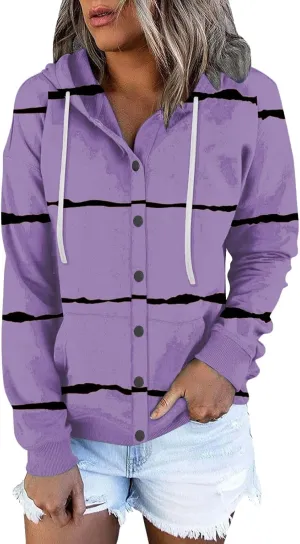 Womens Striped Casual Sweatshirt Oversized Drawstring Casual V Neck Button Up Hoodies Fall Long Sleeve Hooded Jackets