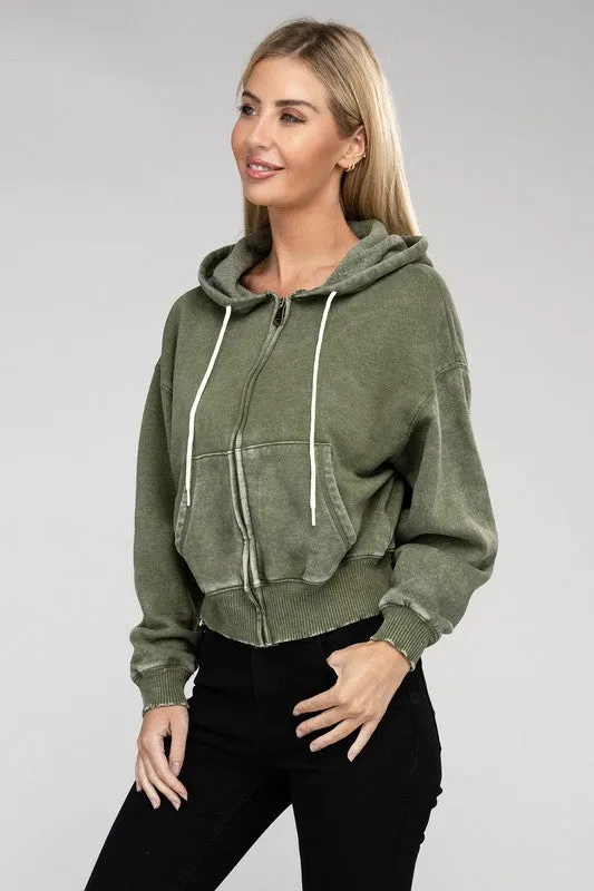 Zenana Acid Wash Fleece Cropped Zip-Up Hoodie
