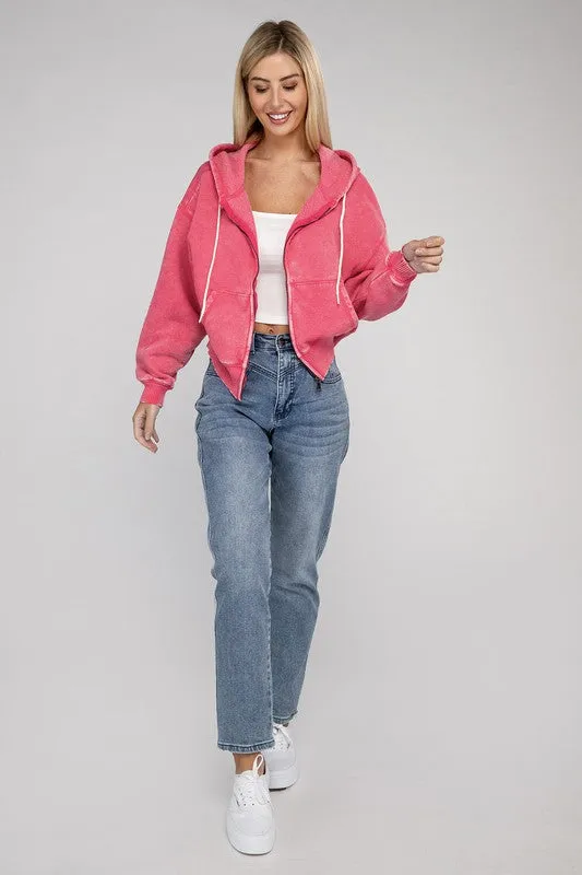 Zenana Acid Wash Fleece Cropped Zip-Up Hoodie