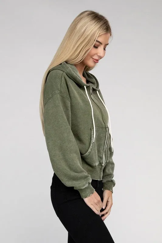 Zenana Acid Wash Fleece Cropped Zip-Up Hoodie