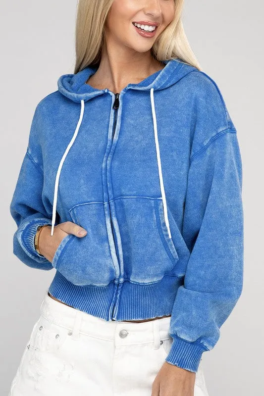 Zenana Acid Wash Fleece Cropped Zip-Up Hoodie