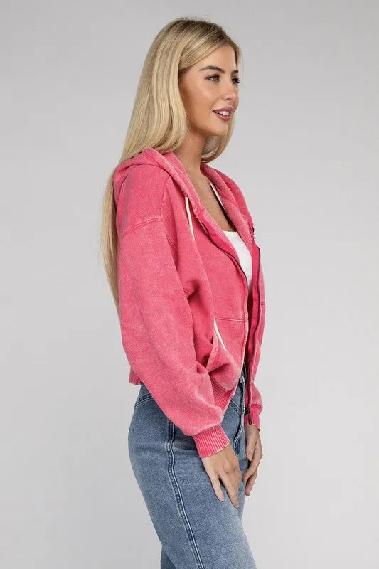 Zenana Acid Wash Fleece Cropped Zip-Up Hoodie