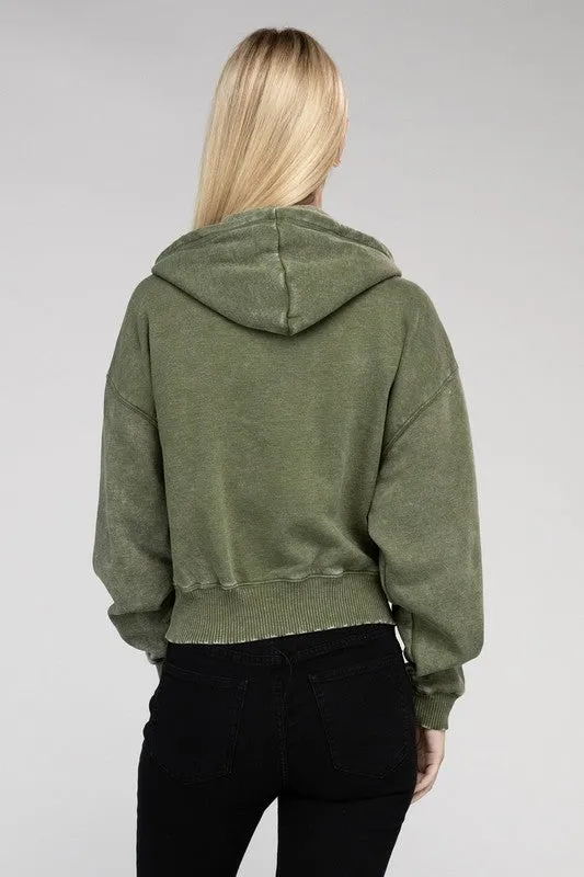 Zenana Acid Wash Fleece Cropped Zip-Up Hoodie