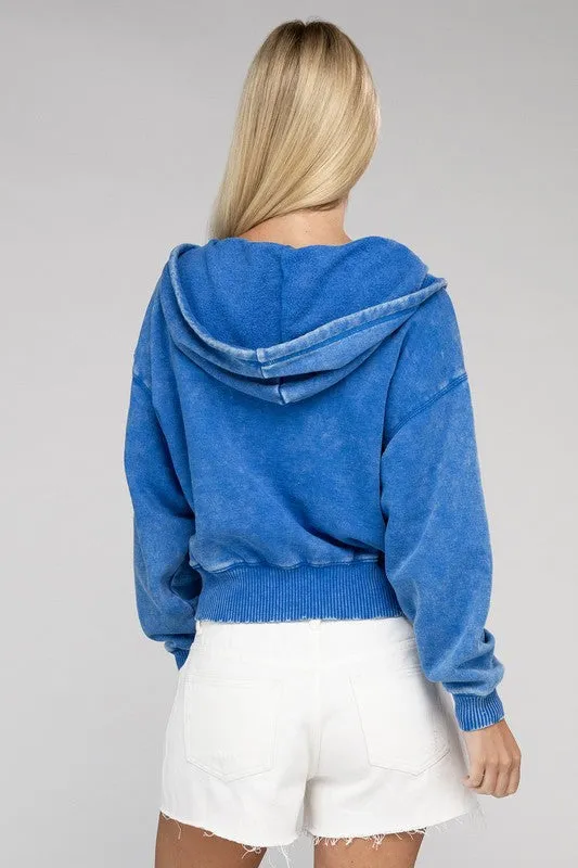 Zenana Acid Wash Fleece Cropped Zip-Up Hoodie