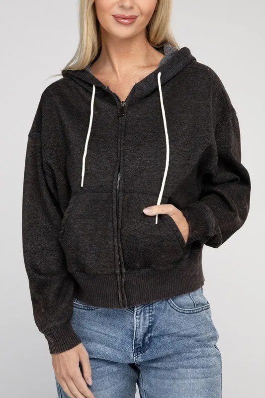 Zenana Acid Wash Fleece Cropped Zip-Up Hoodie