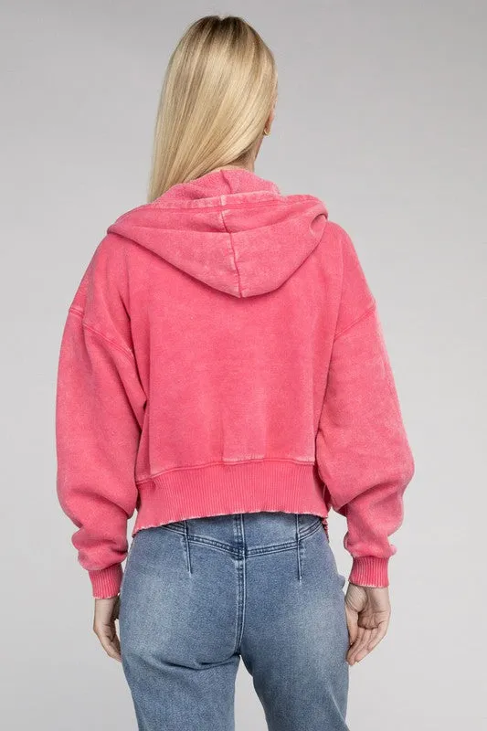 Zenana Acid Wash Fleece Cropped Zip-Up Hoodie