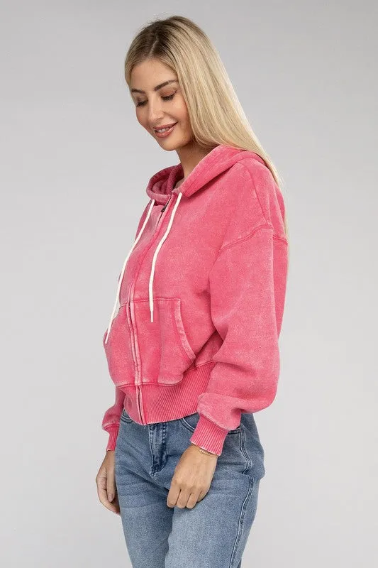 Zenana Acid Wash Fleece Cropped Zip-Up Hoodie