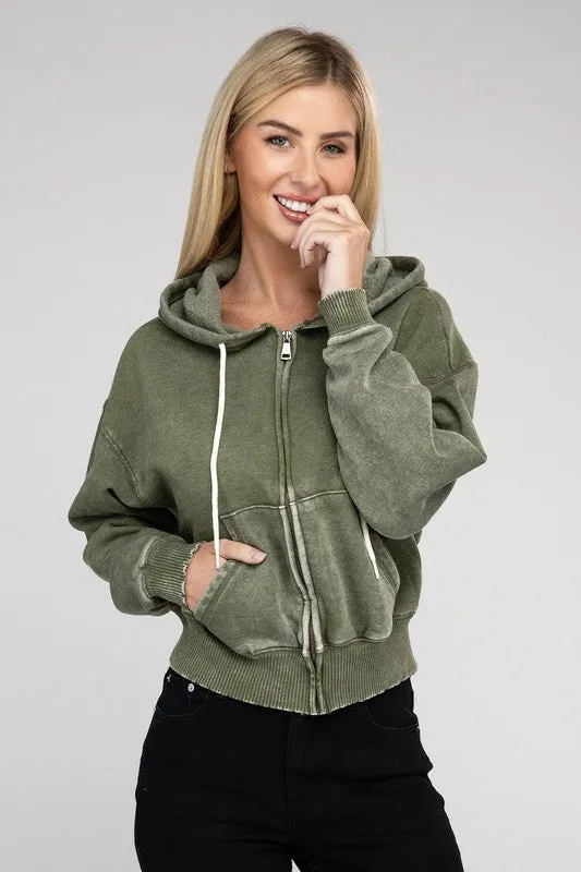 Zenana Acid Wash Fleece Cropped Zip-Up Hoodie