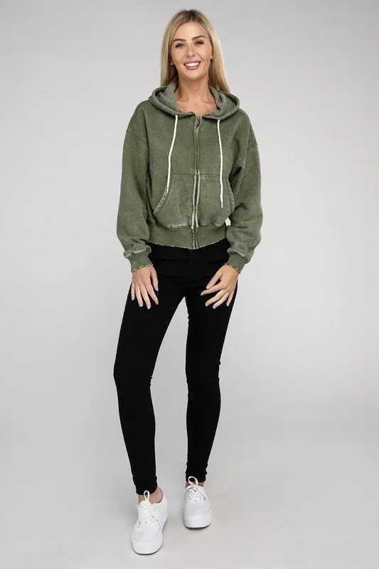 Zenana Acid Wash Fleece Cropped Zip-Up Hoodie