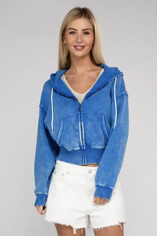 Zenana Acid Wash Fleece Cropped Zip-Up Hoodie