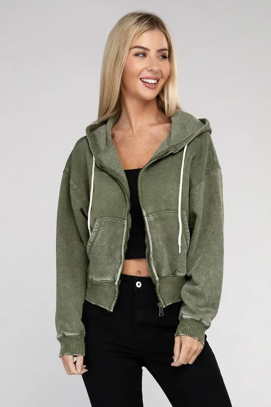 Zenana Acid Wash Fleece Cropped Zip-Up Hoodie